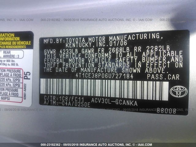 4T1CE38P06U727184 - 2006 TOYOTA CAMRY SOLARA SE/SLE ვერცხლისფერი ფოტო 9