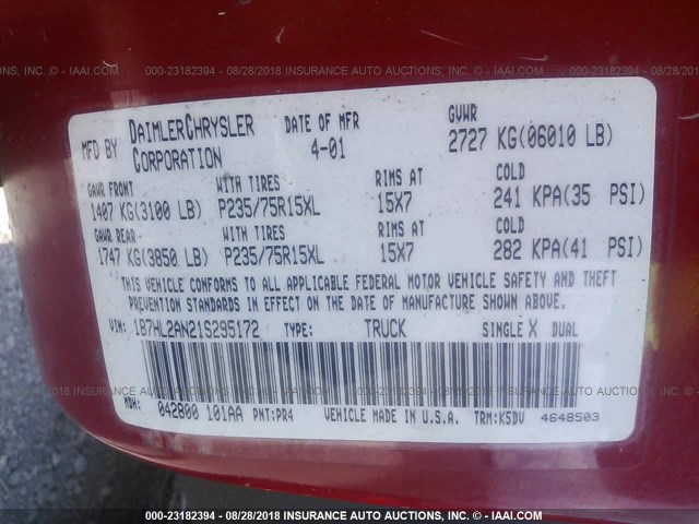 1B7HL2AN21S295172 - 2001 DODGE DAKOTA QUAD RED photo 9