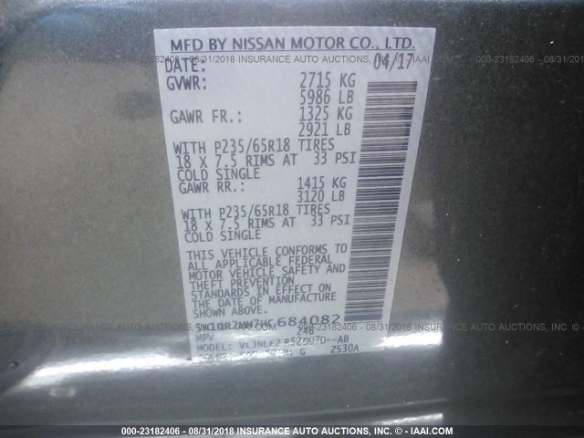 5N1DR2MM7HC684082 - 2017 NISSAN PATHFINDER S/SV/SL/PLATINUM GRAY photo 9