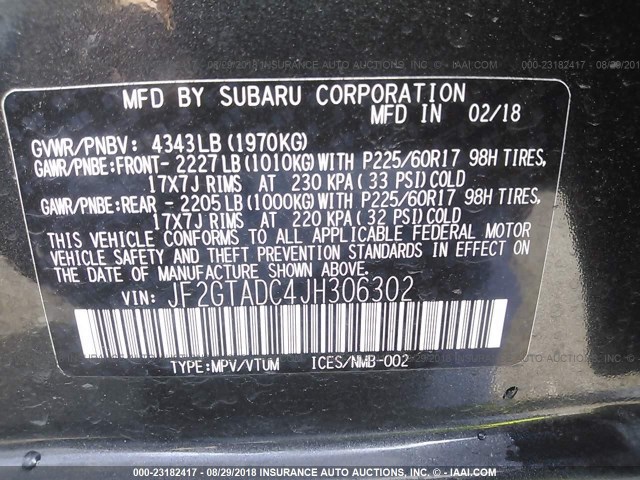 JF2GTADC4JH306302 - 2018 SUBARU CROSSTREK PREMIUM Сұр фото 9