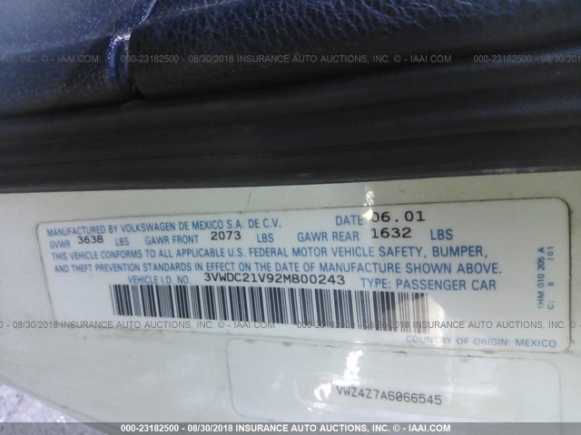 3VWDC21V92M800243 - 2002 VOLKSWAGEN CABRIO GLX 白色 照片 9