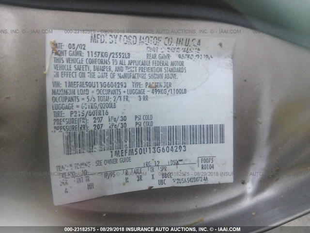 1MEFM50U13G604293 - 2003 MERCURY SABLE GS TAN photo 9