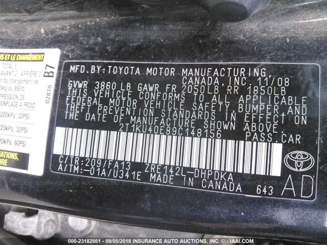 2T1KU40E89C148156 - 2009 TOYOTA COROLLA MATRIX  BLACK photo 9