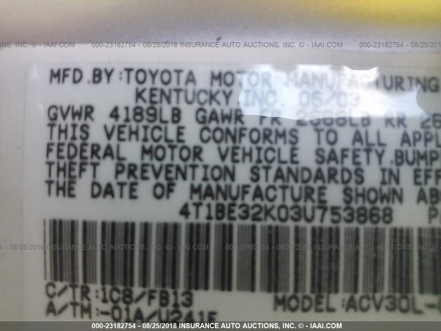 4T1BE32K03U753868 - 2003 TOYOTA CAMRY LE/XLE/SE 银色 照片 9