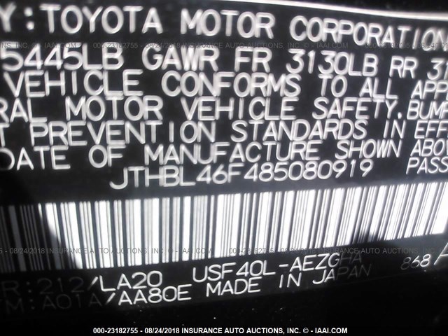 JTHBL46F485080919 - 2008 LEXUS LS BLACK photo 9