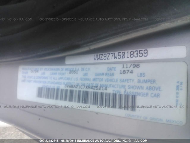 3VWBA21C7XM425214 - 1999 VOLKSWAGEN NEW BEETLE GL 银色 照片 9