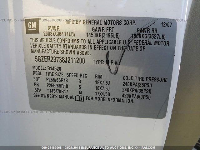 5GZER23738J211200 - 2008 SATURN OUTLOOK XR თეთრი ფოტო 9