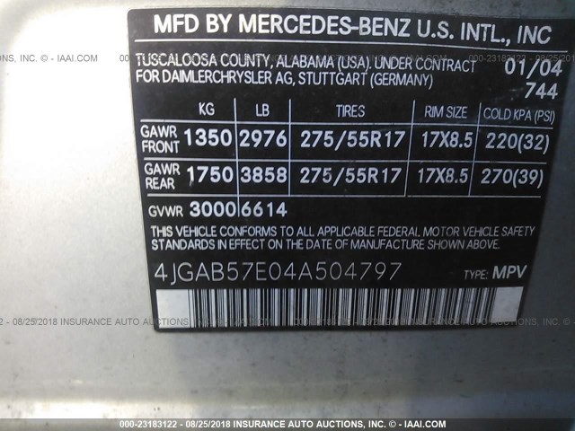 4JGAB57E04A504797 - 2004 MERCEDES-BENZ ML 350 SILVER photo 9