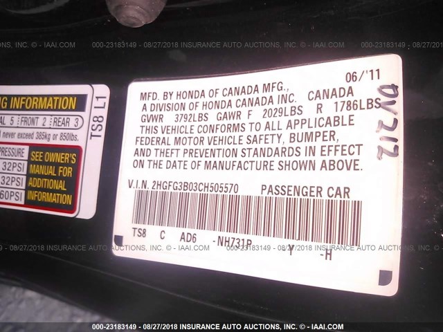 2HGFG3B03CH505570 - 2012 HONDA CIVIC EXL 黑色 照片 9