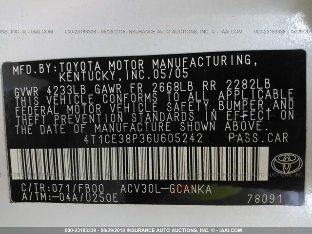 4T1CE38P36U605242 - 2006 TOYOTA CAMRY SOLARA SE/SLE თეთრი ფოტო 9