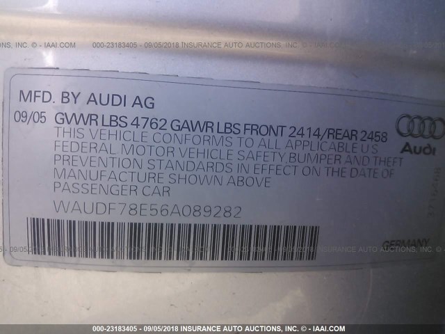 WAUDF78E56A089282 - 2006 AUDI A4 2.0T QUATTRO SILVER photo 9