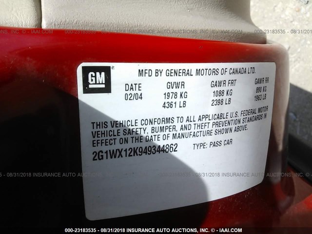 2G1WX12K949344862 - 2004 CHEVROLET MONTE CARLO SS RED photo 9