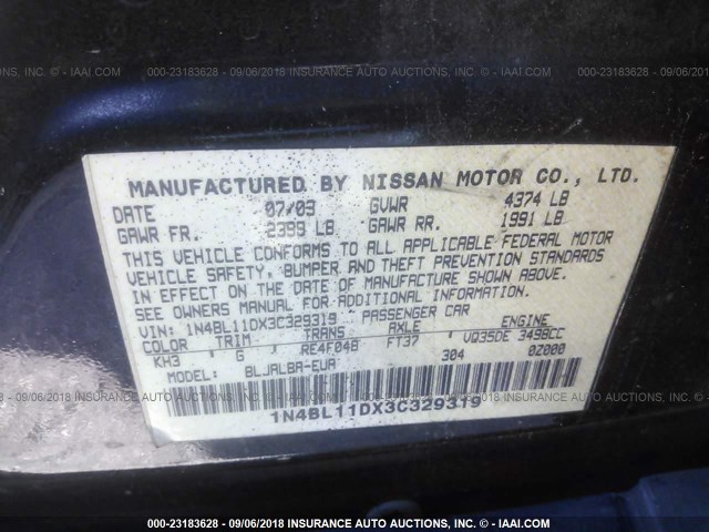 1N4BL11DX3C329319 - 2003 NISSAN ALTIMA SE BLACK photo 9