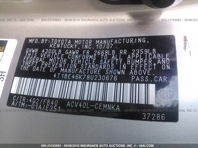 4T1BE46K78U230676 - 2008 TOYOTA CAMRY CE/LE/XLE/SE GOLD photo 9