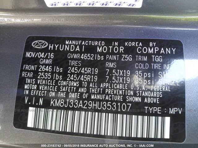 KM8J33A29HU353107 - 2017 HYUNDAI TUCSON LIMITED/SPORT AND ECO/SE GRAY photo 9