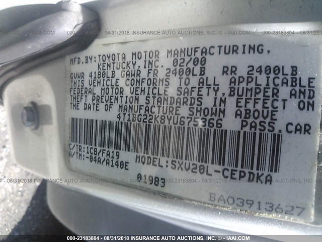 4T1BG22K8YU675366 - 2000 TOYOTA CAMRY CE/LE/XLE 银色 照片 9