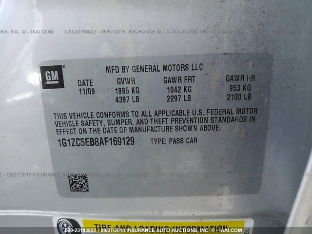 1G1ZC5EB8AF169129 - 2010 CHEVROLET MALIBU 1LT ვერცხლისფერი ფოტო 9