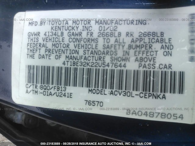 4T1BE32K22U547644 - 2002 TOYOTA CAMRY LE/XLE/SE BLUE photo 9