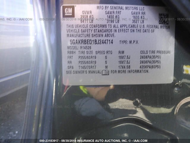 5GAKRBED1BJ244714 - 2011 BUICK ENCLAVE CXL 蓝色 照片 9