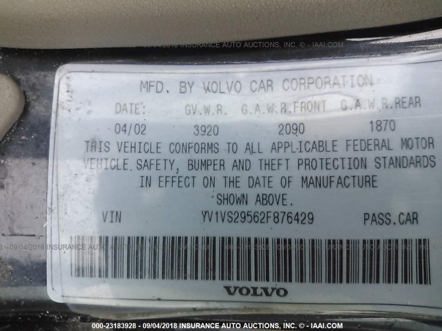 YV1VS29562F876429 - 2002 VOLVO S40 1.9T BLACK photo 9