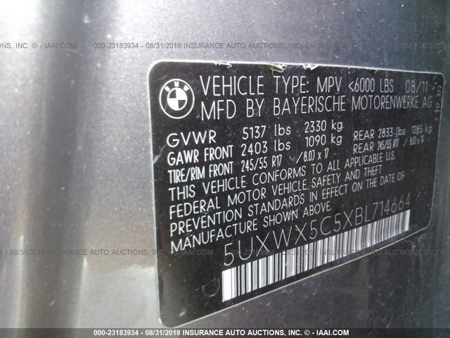 5UXWX5C5XBL714664 - 2011 BMW X3 XDRIVE28I Մոխրագույն լուսանկար 9