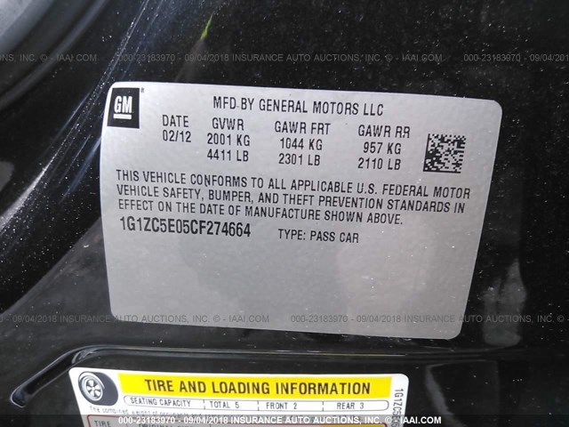 1G1ZC5E05CF274664 - 2012 CHEVROLET MALIBU 1LT 黑色 照片 9