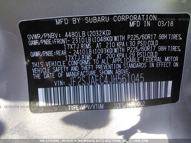 JF2SJAEC4JH561045 - 2018 SUBARU FORESTER 2.5I PREMIUM SILVER photo 9