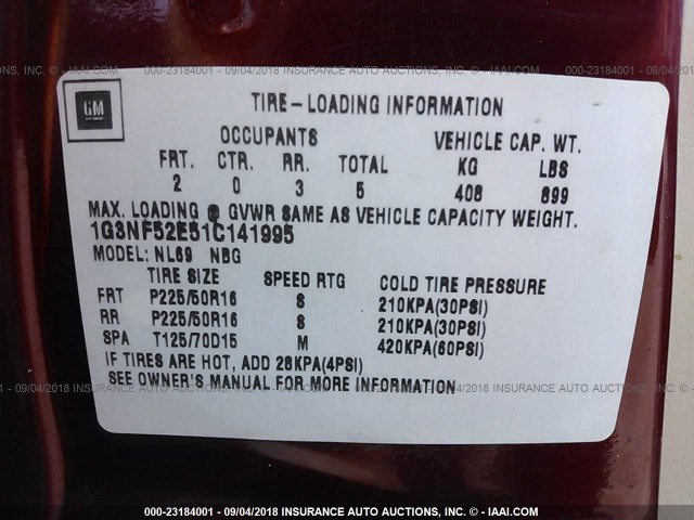 1G3NF52E51C141995 - 2001 OLDSMOBILE ALERO GLS 红色 照片 9