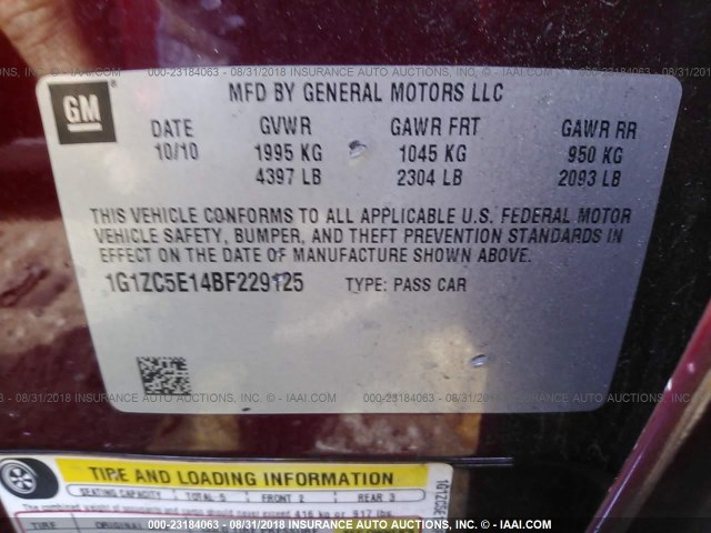 1G1ZC5E14BF229125 - 2011 CHEVROLET MALIBU 1LT წითელი ფოტო 9