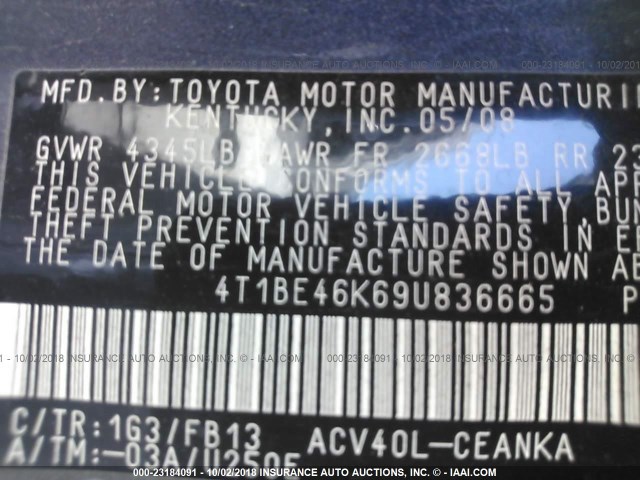 4T1BE46K69U836665 - 2009 TOYOTA CAMRY SE/LE/XLE 黑色 照片 9