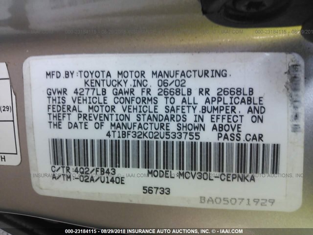 4T1BF32K02U533755 - 2002 TOYOTA CAMRY LE/XLE/SE Qəhvəyi foto 9