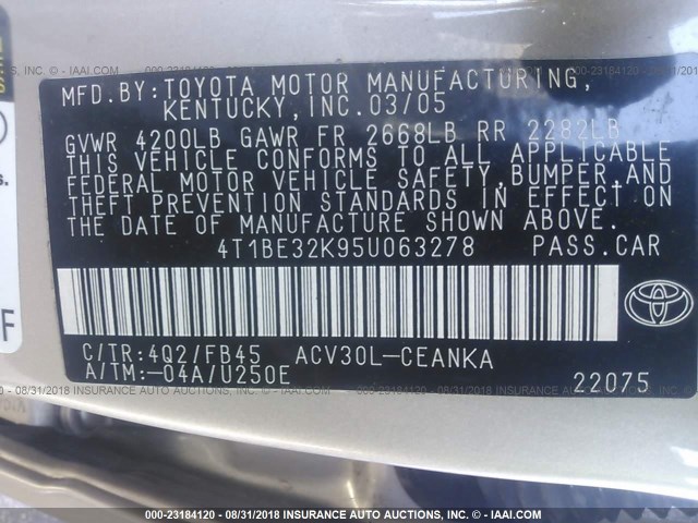 4T1BE32K95U063278 - 2005 TOYOTA CAMRY LE/XLE/SE Boz foto 9