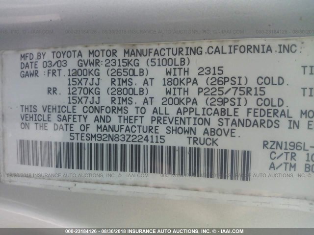 5TESM92N83Z224115 - 2003 TOYOTA TACOMA XTRACAB PRERUNNER ვერცხლისფერი ფოტო 9