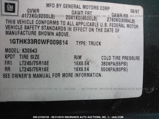 1GTHK33R0WF009814 - 1998 GMC SIERRA K3500 GREEN photo 9