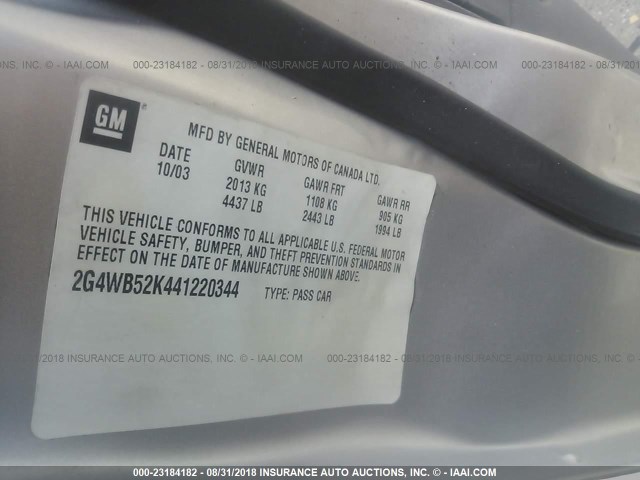 2G4WB52K441220344 - 2004 BUICK REGAL LS SILVER photo 9