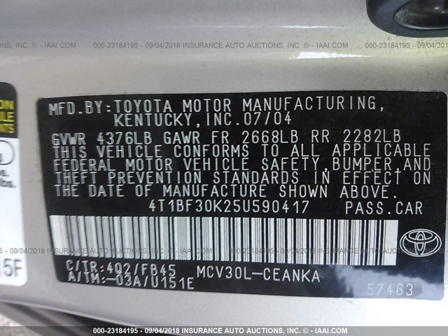 4T1BF30K25U590417 - 2005 TOYOTA CAMRY LE/XLE/SE Bej foto 9