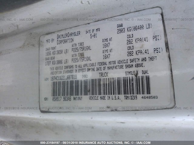 1B7HC13Z21J607619 - 2001 DODGE RAM 1500 WHITE photo 9