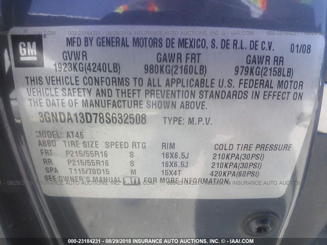 3GNDA13D78S632508 - 2008 CHEVROLET HHR LS GRAY photo 9