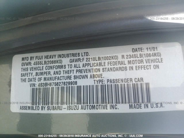 4S3BH675627629908 - 2002 SUBARU LEGACY OUTBACK AWP 绿色 照片 9