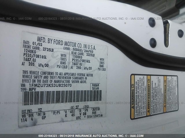 1FMZU73K53UB25070 - 2003 FORD EXPLORER XLT/XLT SPORT/NBX 白色 照片 9