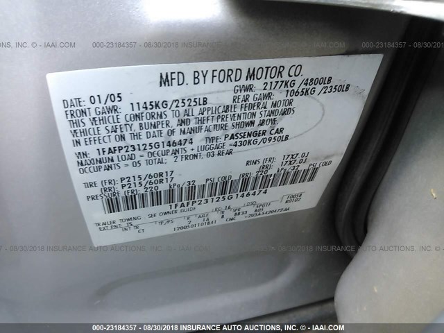 1FAFP23125G146474 - 2005 FORD FIVE HUNDRED SE SILVER photo 9