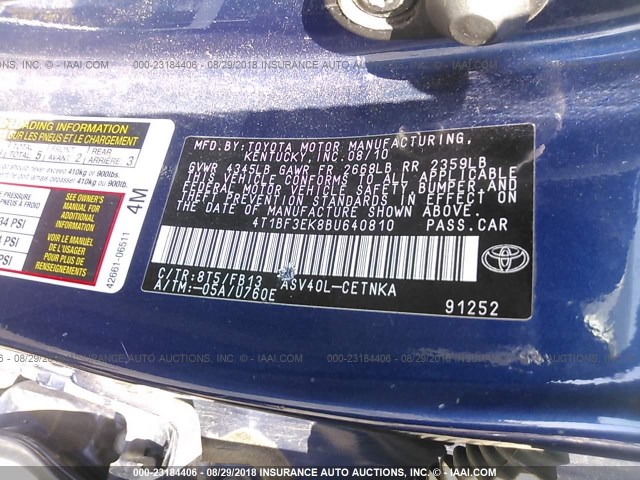 4T1BF3EK8BU640810 - 2011 TOYOTA CAMRY SE/LE/XLE ლურჯი ფოტო 9
