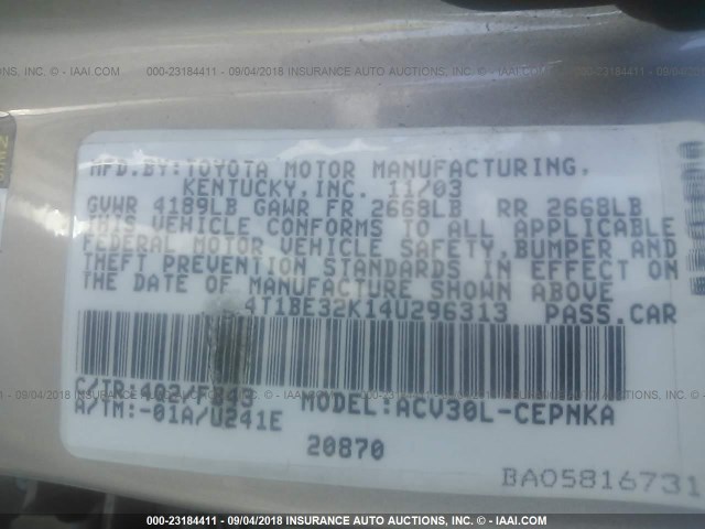 4T1BE32K14U296313 - 2004 TOYOTA CAMRY LE/XLE/SE 金色 照片 9