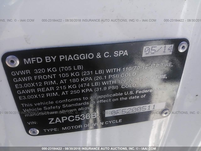 ZAPC536B0F5200511 - 2015 VESPA PRIMAVERA 50 4V IE WHITE photo 10