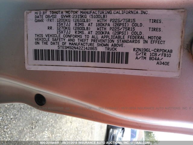 5TESM92N42Z142865 - 2002 TOYOTA TACOMA XTRACAB PRERUNNER თაფლისფერი ფოტო 9