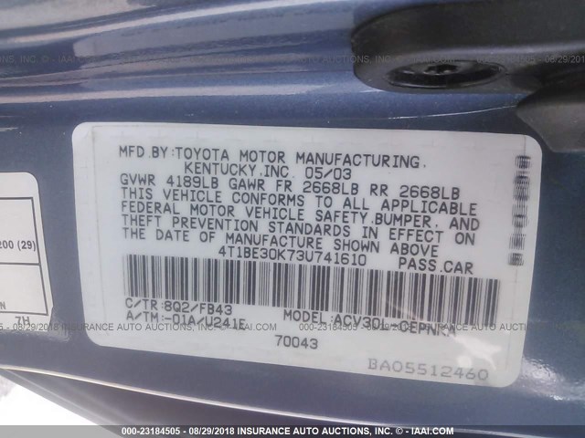 4T1BE30K73U741610 - 2003 TOYOTA CAMRY LE/XLE/SE 蓝色 照片 9