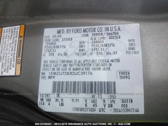 1FMZU73KX3UC39176 - 2003 FORD EXPLORER XLT/XLT SPORT/NBX 棕色 照片 9