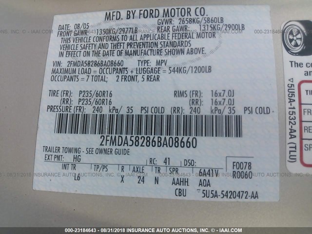 2FMDA58286BA08660 - 2006 FORD FREESTAR LIMITED SILVER photo 9