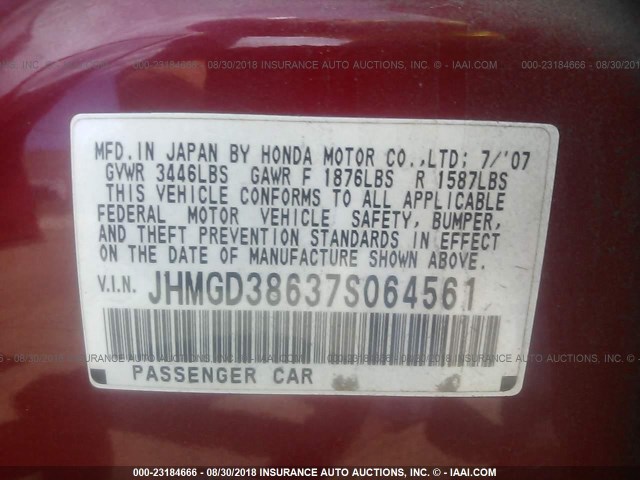 JHMGD38637S064561 - 2007 HONDA FIT S 红色 照片 9