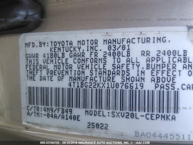 4T1BG22KX1U076619 - 2001 TOYOTA CAMRY CE/LE/XLE 米色 照片 9